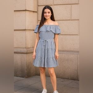 CREMIEUX Off The Shoulder Blue and White Pinstriped Dress